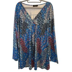 Amzplus Blue Paisley Boho Tunic Blouse Long Sleeve Pleated V-Neck Plus Size 4X